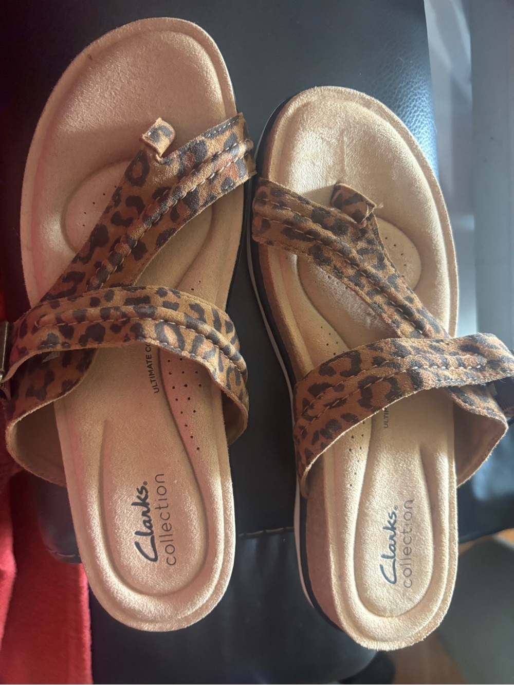 Clarks Leopard Print Slide Sandals - Brown/Tan